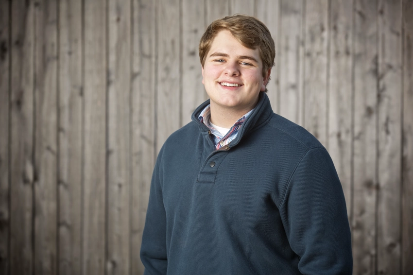 Senior photos teen boy in blue pullover